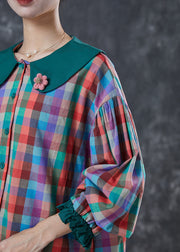 Italian Colorblock Peter Pan Collar Plaid Cotton Shirt Tops Spring