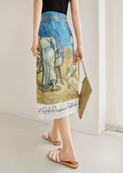 Italian Colorblock Print Silk A Line Skirts Summer