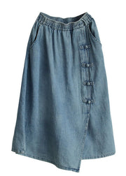 Italian Denim Blue Elastic Waist Asymmetrical Oriental Button Cotton Skirt Summer