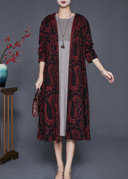 Italian Dull Red Oversized Print Cotton Long Cardigan Fall