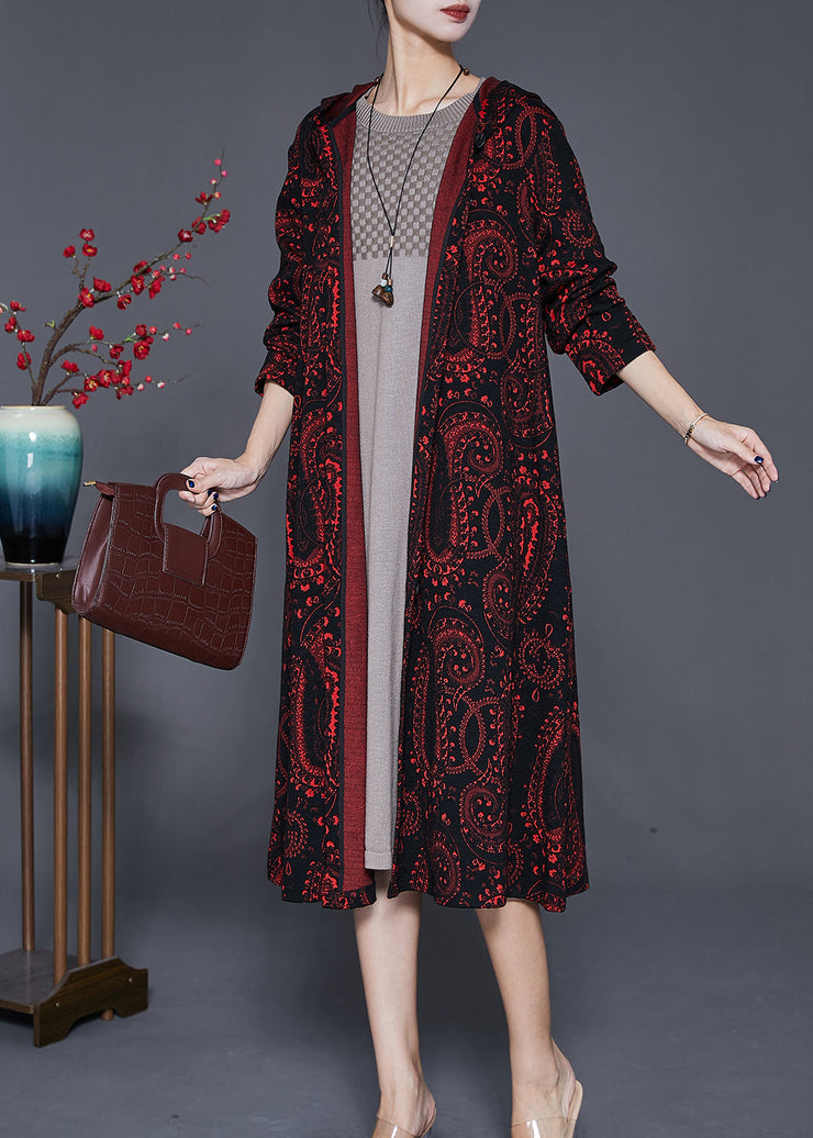 Italian Dull Red Oversized Print Cotton Long Cardigan Fall