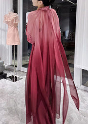 Italian Gradient Color Red Wrinkled Tulle Maxi Dresses Fall