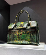 Italian Green Embossed Calf Leather Tote Handbag