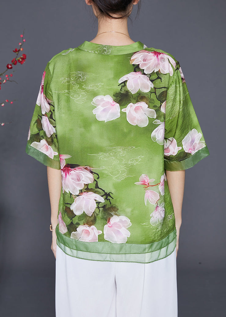 Italian Green Floral Patchwork Organza Linen Silk Shirt Top Half Sleeve