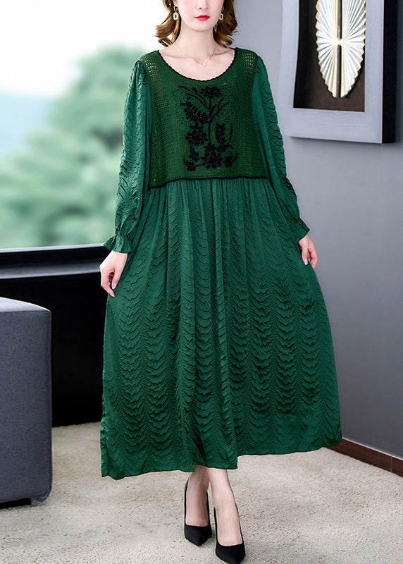 Italian Green Hollow Out Knit Patchwork Silk Long Dresses Fall