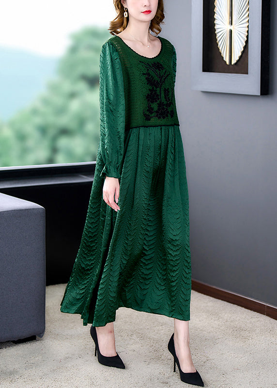 Italian Green Hollow Out Knit Patchwork Silk Long Dresses Fall