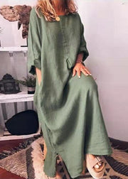 Italian Green O Neck Pockets Cotton Long Dress Fall