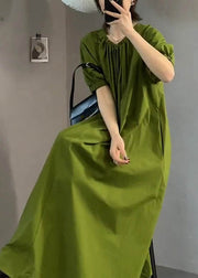 Italian Green O Neck Wrinkled Cotton Long Dress Summer