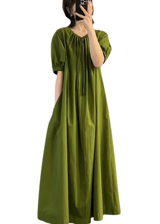 Italian Green O Neck Wrinkled Cotton Long Dress Summer