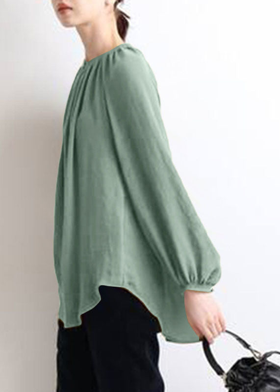 Italian Green O Neck Wrinkled Silk Blouse Tops Spring