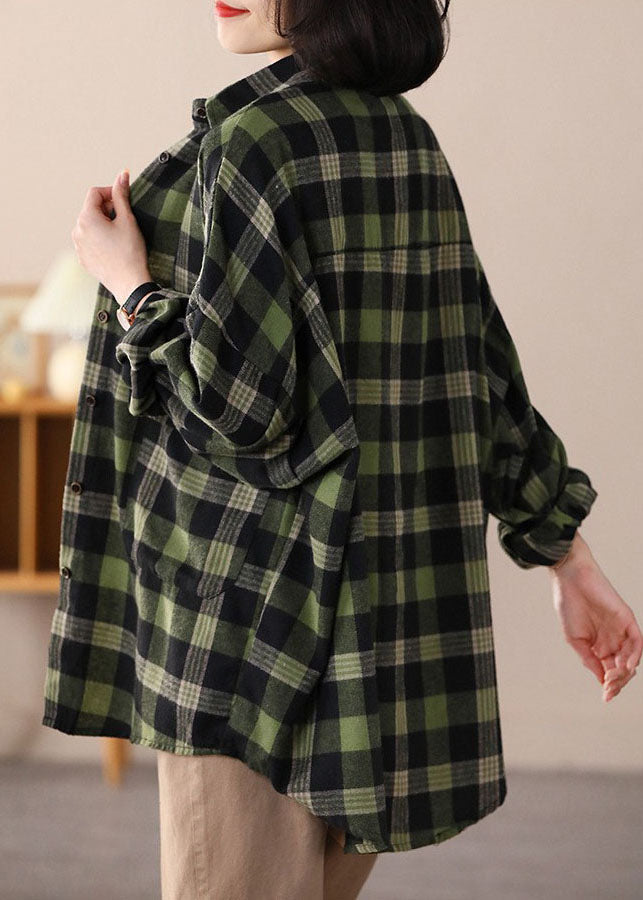 Italian Green Peter Pan Collar Oversized Plaid Cotton Shirt Top Spring