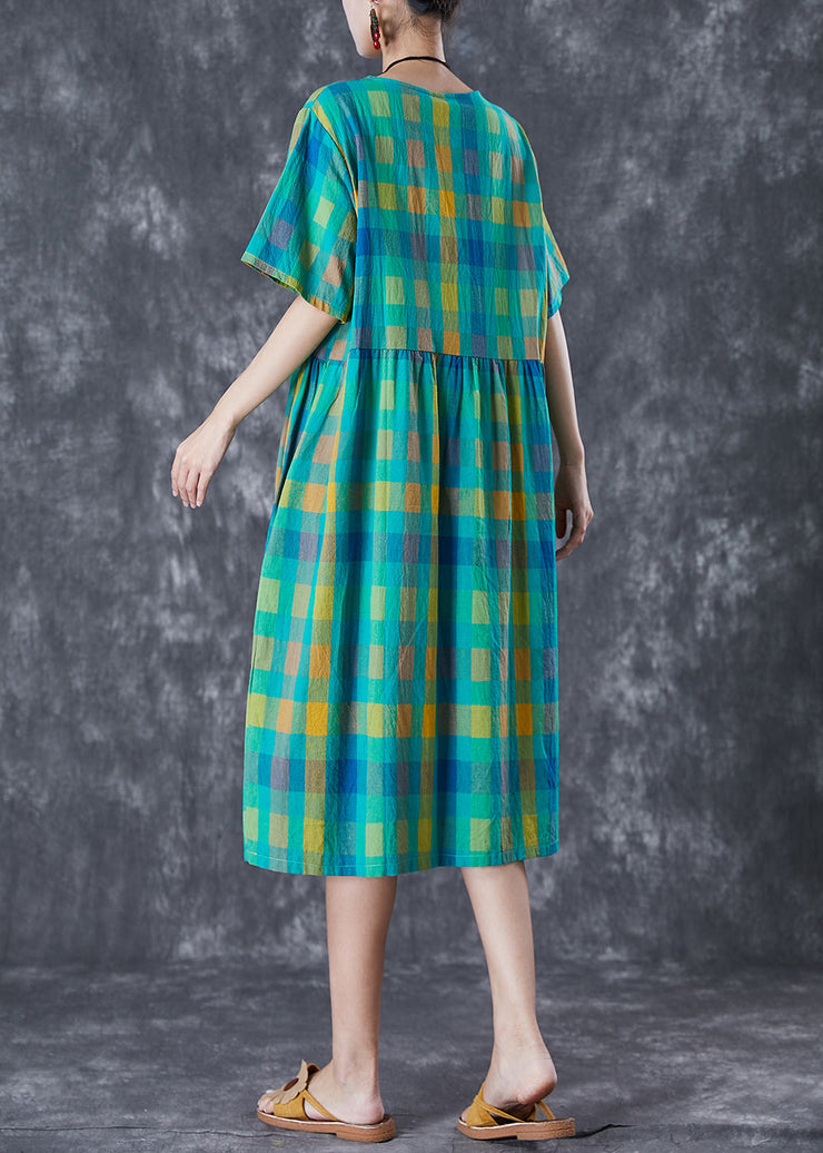 Italian Green Plaid Wrinkled Linen Vacation Dresses Summer