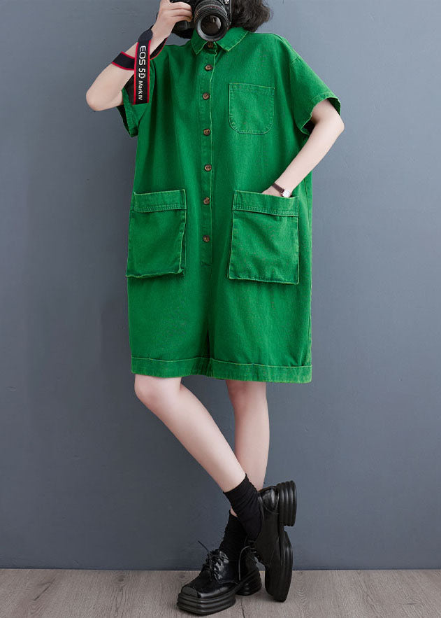 Italian Green Pockets Patchwork Denim Shorts Jumpsuits Summer