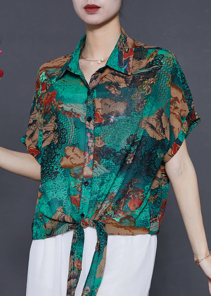 Italian Green Print Lace Up Chiffon Shirt Top Summer