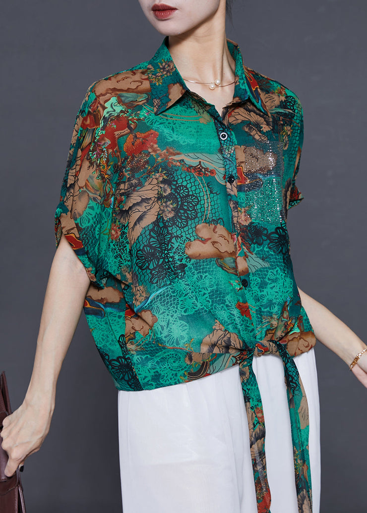 Italian Green Print Lace Up Chiffon Shirt Top Summer