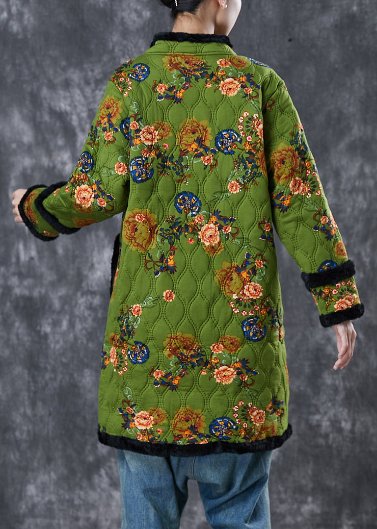 Italian Green Print Patchwork Warm Fleece Trench Winter