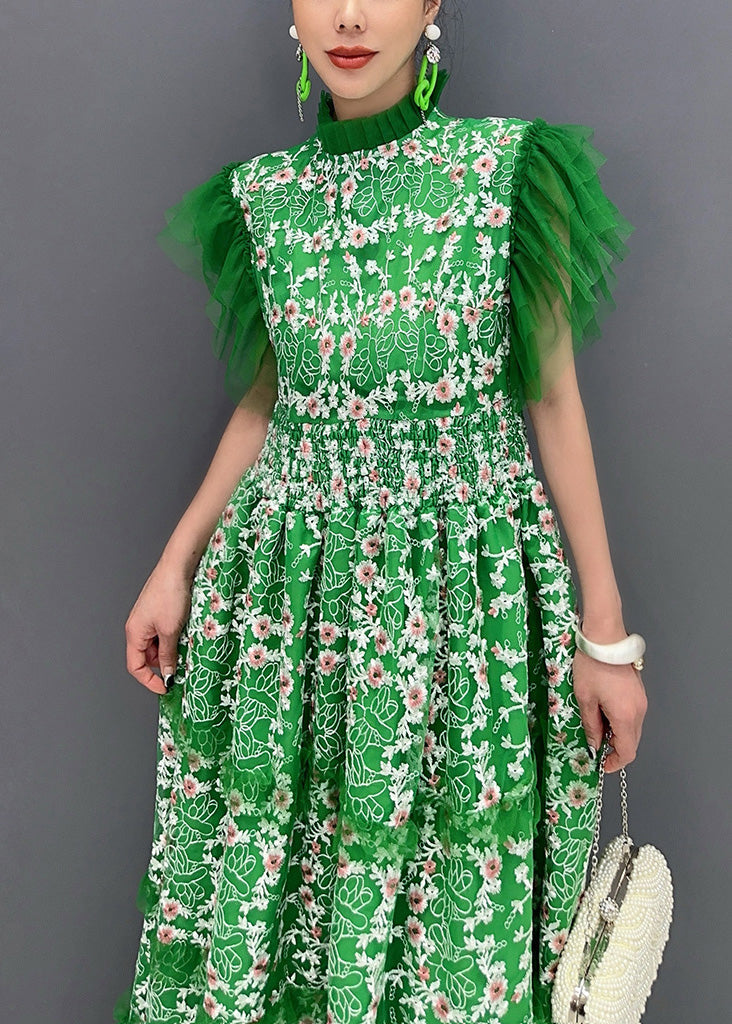 Italian Green Print Ruffled Patchwork Tulle Dresses Butterfly Sleeve