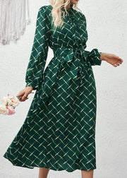 Italian Green Ruffled Print Lace Up Cotton Dress Fall