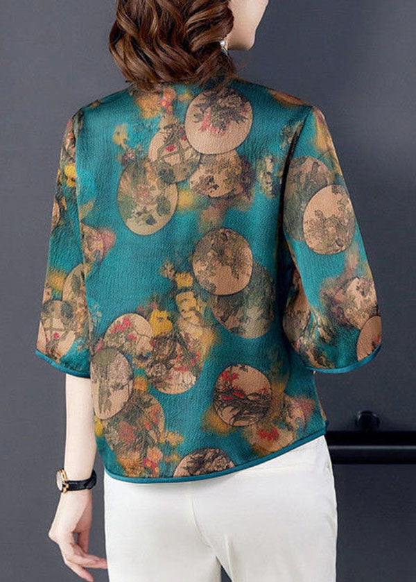 Italian Green Stand Collar Print Silk Blouse Tops Half Sleeve