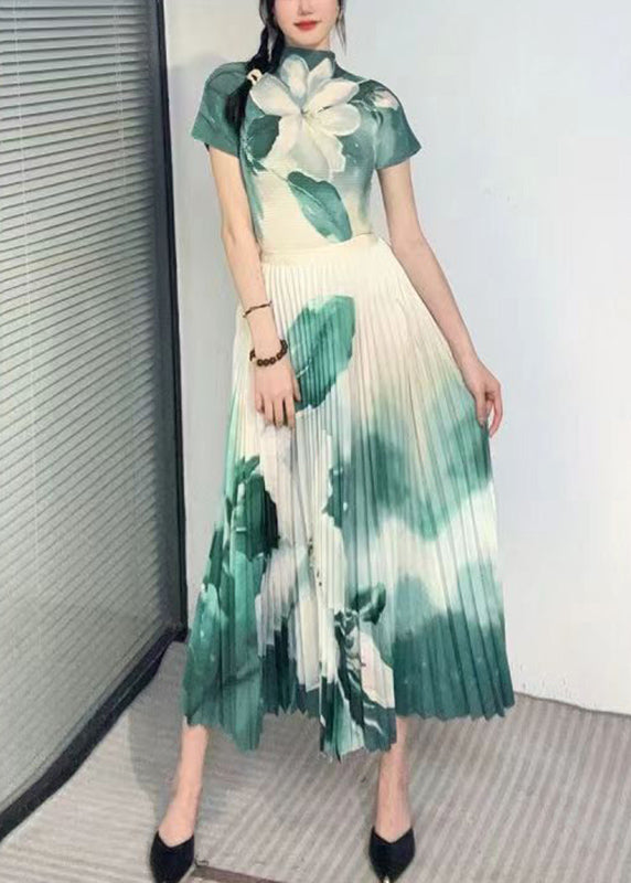 Italian Green Turtleneck Print Top And Skirts Two Piece Set Short Sleeve