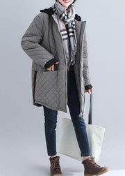 Italian Grey Hooded Pockets Patchwork Fine Cotton Filled Coat Winter