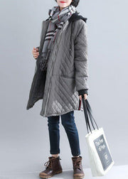 Italian Grey Hooded Pockets Patchwork Fine Cotton Filled Coat Winter