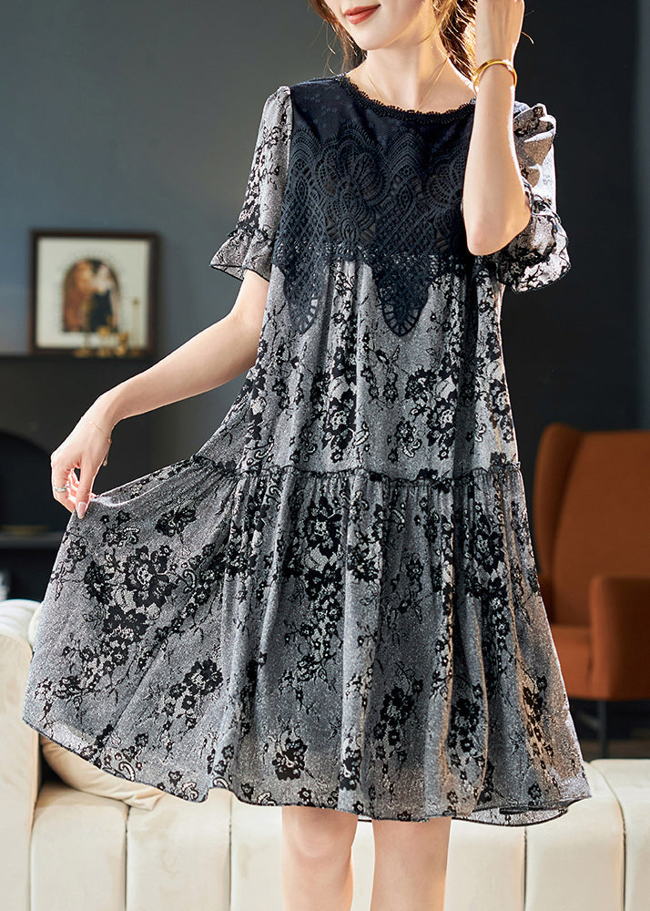 Italian Grey O Neck Print Lace Patchwork Chiffon Dress Summer