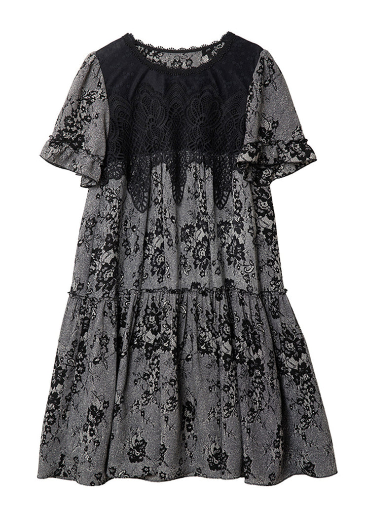 Italian Grey O Neck Print Lace Patchwork Chiffon Dress Summer