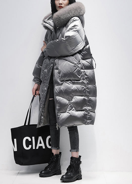 Italian Grey Zip Up Fur Collar Duck Down Hooded Coat Winter