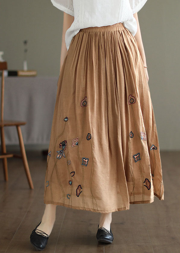 Italian Khaki Embroideried Exra Large Hem Linen Silk Skirts Spring