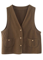 Italian Khaki V Neck Metal Button Down Cotton Vest Top Spring