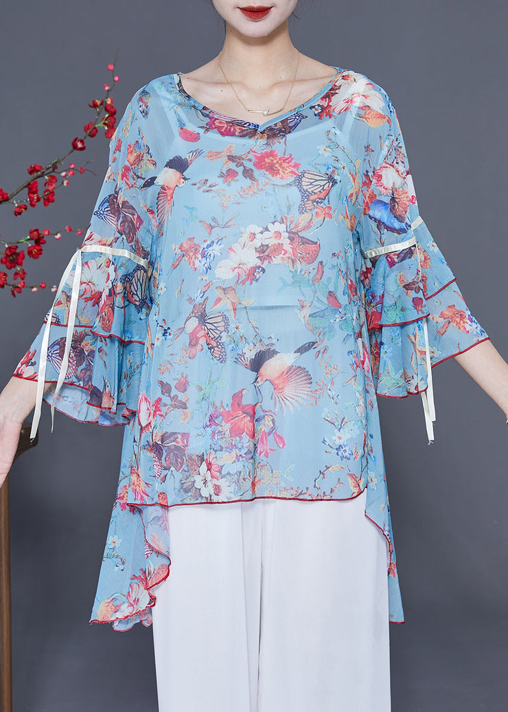 Italian Light Blue Asymmetrical Design Print Chiffon Tops Flare Sleeve