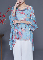 Italian Light Blue Asymmetrical Design Print Chiffon Tops Flare Sleeve