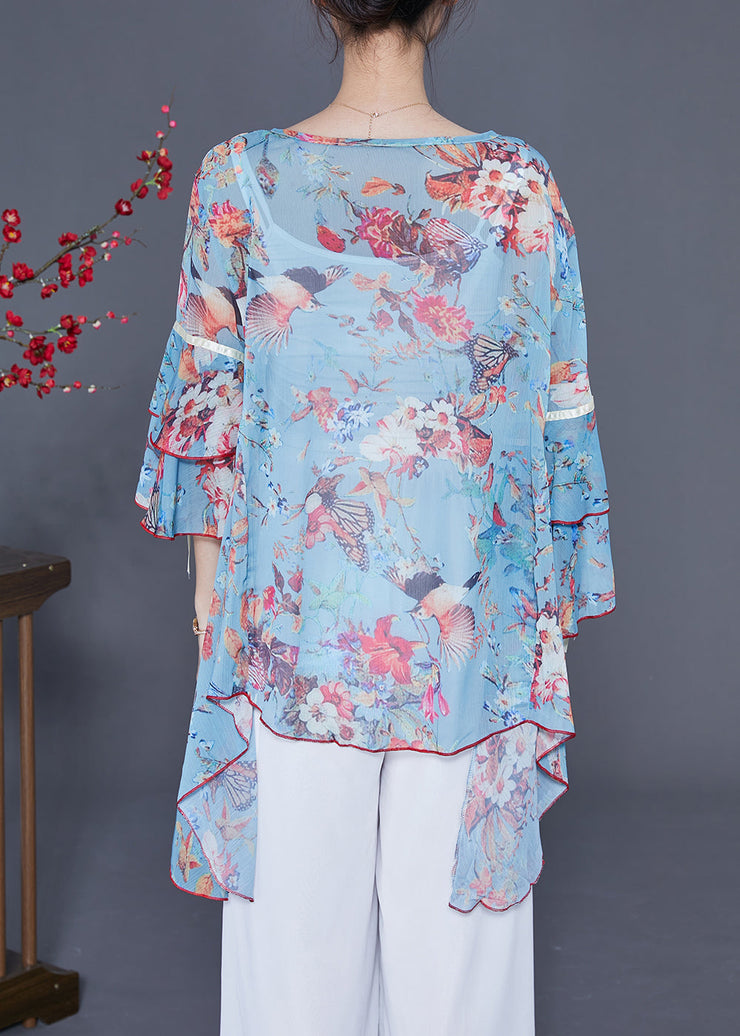 Italian Light Blue Asymmetrical Design Print Chiffon Tops Flare Sleeve