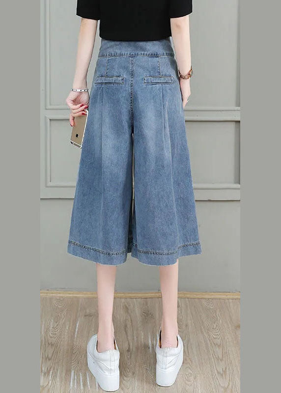 Italian Light Blue High Waist Wrinkled Button Cotton Wide Leg Crop Pants Summer