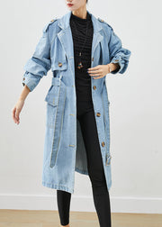 Italian Light Blue Notched Tie Waist Denim Trench Coat Fall