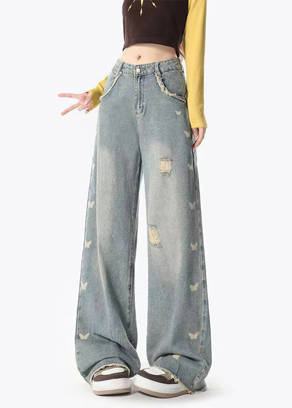 Italian Light Blue Pockets Butterfly Print Denim Pants Spring