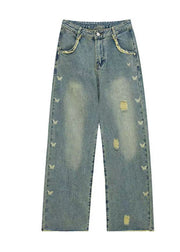 Italian Light Blue Pockets Butterfly Print Denim Pants Spring