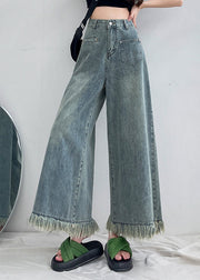 Italian Light Blue Tasseled Pockets Denim Wide Leg Pants Spring