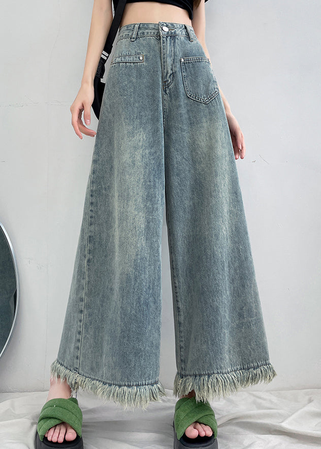 Italian Light Blue Tasseled Pockets Denim Wide Leg Pants Spring