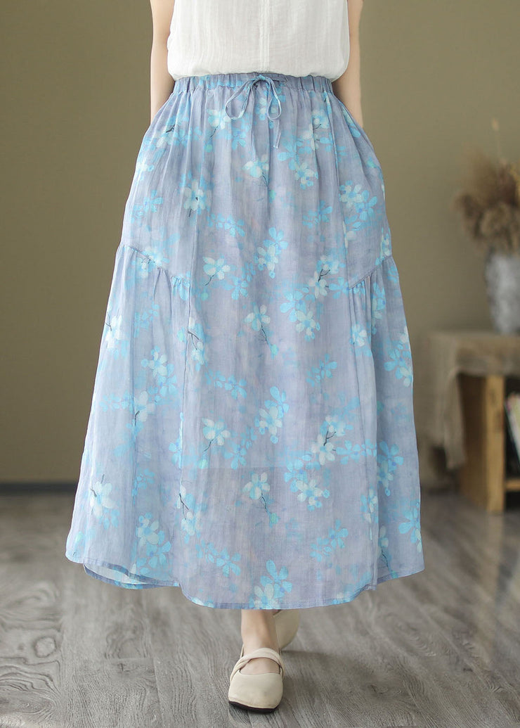 Italian Light Blue Wrinkled Print Elastic Waist Linen Skirt Summer