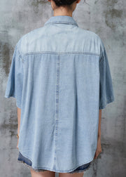 Italian Light Blue Zip Up Denim Loose Shirt Tops Summer