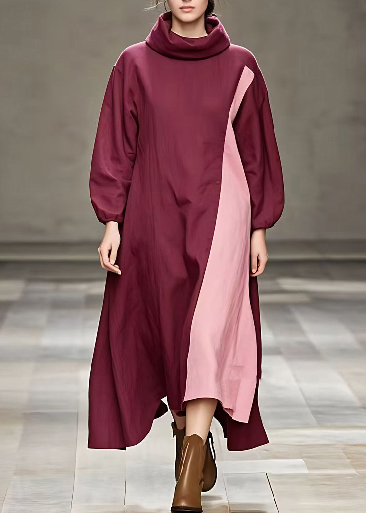 Italian Mulberry Turtleneck Patchwork Maxi Dresses Fall