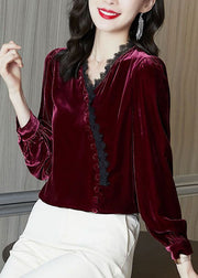 Italian Mulberry V Neck Silk Velour Top Long Sleeve