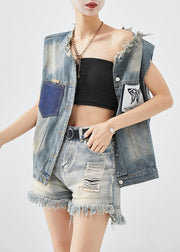 Italian Navy Asymmetrical Pockets Denim Vest Top Fall