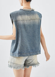 Italian Navy Asymmetrical Pockets Denim Vest Top Fall