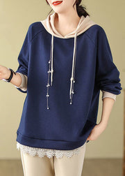 Italian Navy Blue Drawstring Lace Patchwork Fleece Hoodie Sweatshirts Long Sleeve