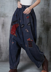 Italian Navy Embroidered Applique Denim Harem Pants Spring