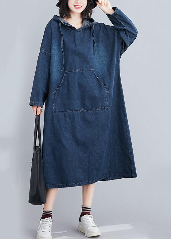 Italian Navy Hooded Oversized Denim Sweatshirt Dress Summer