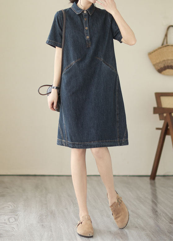 Italian Navy Peter Pan Collar Pockets Patchwork Denim Shirts Dress Summer